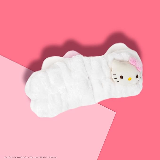 The Crème Shop Plush Spa Headband w/Hello Kitty's Signature Bow, Spa Headband for Washing Face, Skincare Headbands, Soft & Fluffy Headbands for Women (Pink)