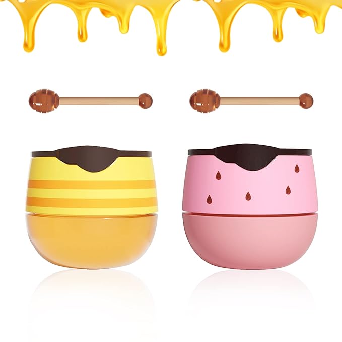 2PCS Bee Lip Balm Honey Pot,Honey Balm(Honey+Strawberry)