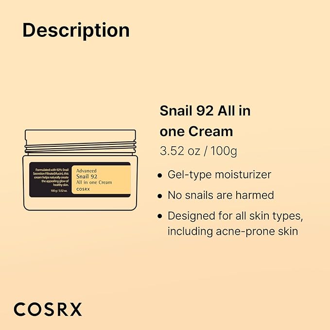 COSRX Snail Mucin 92% Face Moisturizer, 3.52 Oz, Lightweight Moisturing Cream for Soft, Glowy Skin, Korean Skin Care, Korean Moisturizer Face Cream