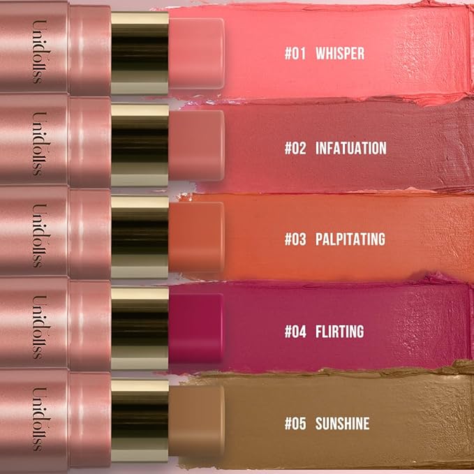 Multi-Use Makeup Cream Blush Stick, Unidollss 3-in-1 Buildable Powder Blush Stick for Cheeks, Eyes, and Lips, Hydrating formula, All day wear, Easy Application with Thumb Puff Included (01 WHISPER)