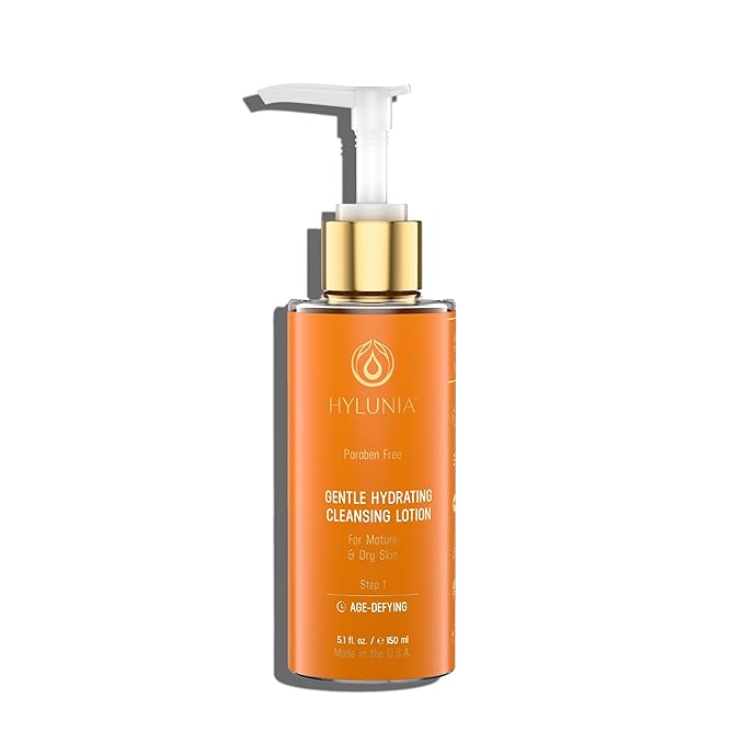 Hylunia Skincare Gentle Cleansing Lotion 5.1 oz with Hyaluronic Acid & Olive Oil Squalene โ Hydrating, Non-Drying, pH Balanced Facial Cleanser for Sensitive & Mature Skin, Makeup Remover