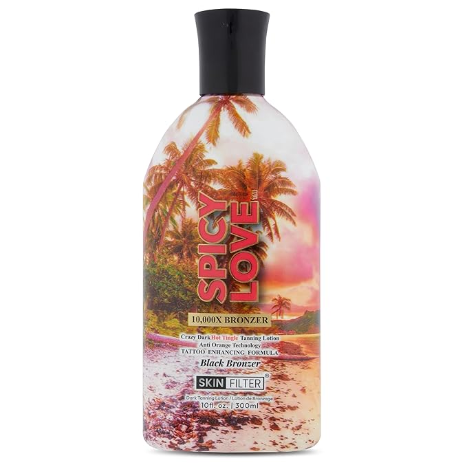 Spicy Love Tanning Lotion β 10,000X Crazy Dark Tanning Lotion β Tanner with Anti-Orange Technology and Tattoo Protection β Black Body Bronzer Made in the USA β Hydrating Formula
