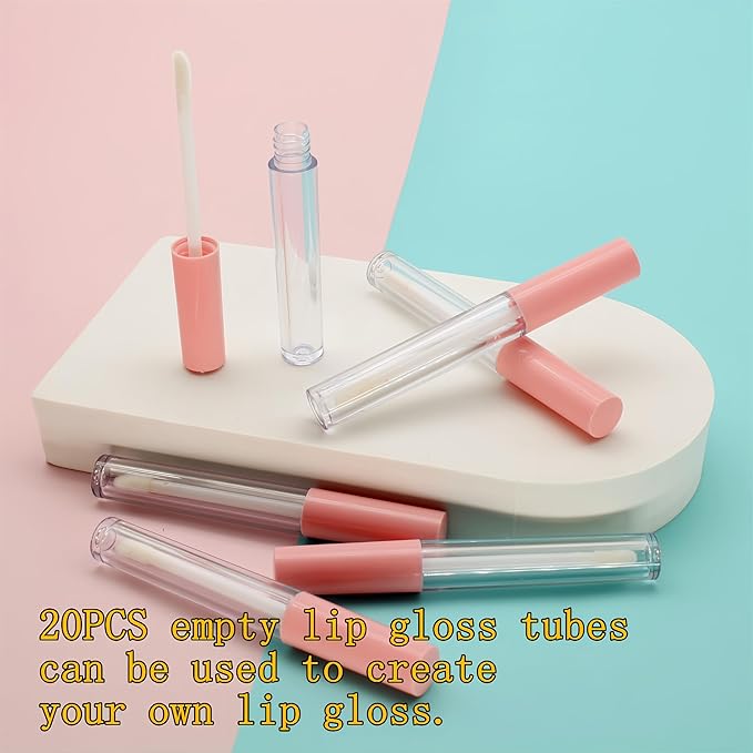 10cm Empty Lip Gloss Tubes With Wand Lipgloss Tubes Cute With Pink Lids Lip Balm Bulk Refillable Cosmetic Containers Diy Lip Gloss Making Kit(20pcs)