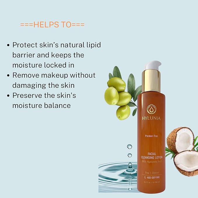 Hylunia Skincare Gentle Cleansing Lotion 5.1 oz with Hyaluronic Acid & Olive Oil Squalene โ Hydrating, Non-Drying, pH Balanced Facial Cleanser for Sensitive & Mature Skin, Makeup Remover