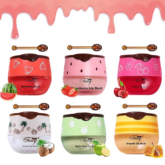 6PCS Bee Lip Balm Honey Pot,Honey&Strawberry&Watermelon&Cherry&Apple&Coconut