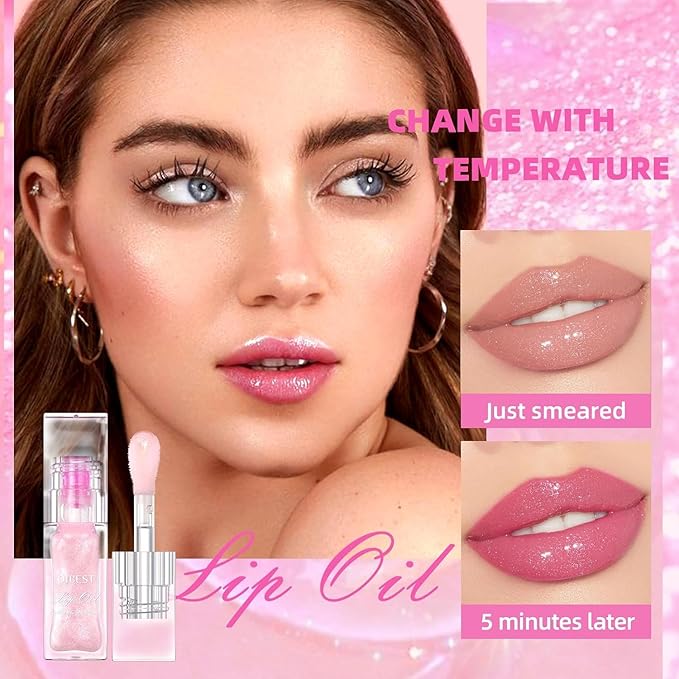 2PCS Color Changing Moisturizing Lip Glow Oil,Long Lasting Lip Glow Oil Non-sticky Warm Change Glitter Lip Tint, Tinted for Lip Care and Dry Lips Gloss Lip Balm(2 boxe