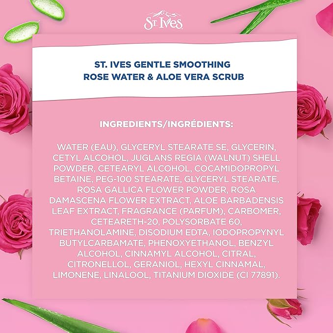 St. Ives Gentle Smoothing Face Scrub Our Gentlest Scrub Yet Rose Water and Aloe Vera Made with 100 percent Natural Exfoliants, Paraben Free, Oil-Free, Dermatologist Tested 6 oz (Pack of 2)