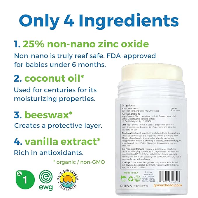 Waxhead Coral Reef Safe Sunscreen Stick - Zinc Oxide Sunscreen, Tattoo Sunscreen Stick Mineral Sunscreen Face Sunscreen Stick, Baby Sunscreen Stick, Sunblock Stick, Biodegradable Sunscreen