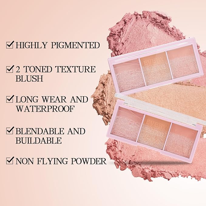 3 Colors Blush Palette,Blush Powder for Cheeks Makeup,Glitter