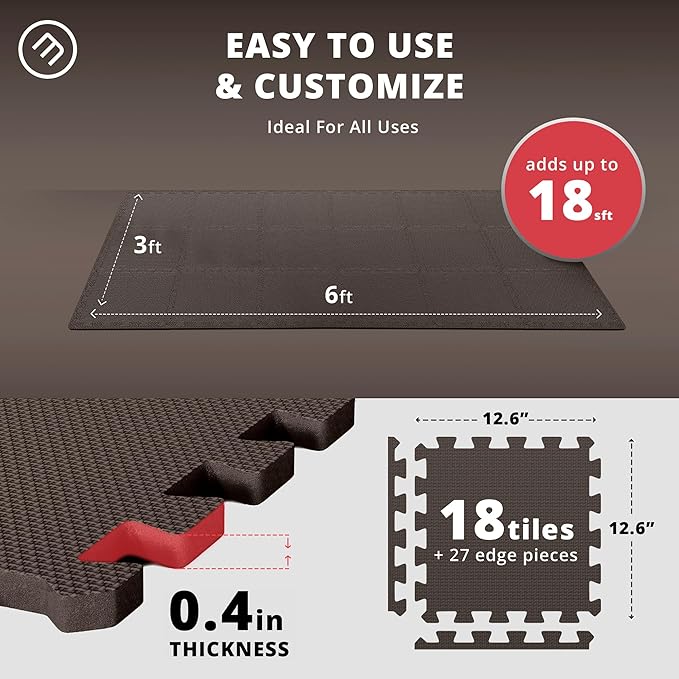 Gym Flooring Set - Interlocking EVA Soft Foam 18 Pieces