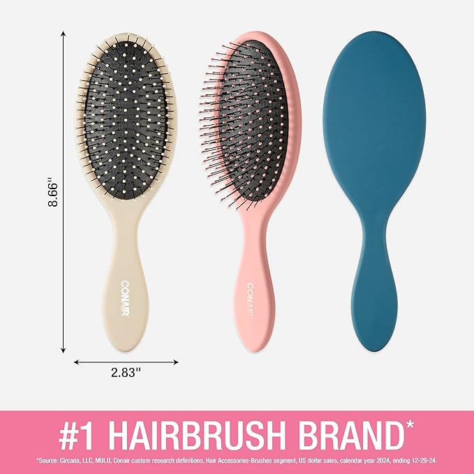 Conair Detangling hairbrush 3PK - wet or dry hair - ideal for curly or straight styles - detangler hair brush - hairbrushes for women - Beige, Navy, Coral