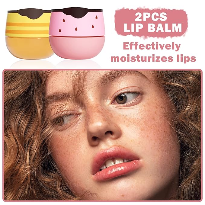 2PCS Bee Lip Balm Honey Pot,Honey Balm(Honey+Strawberry)