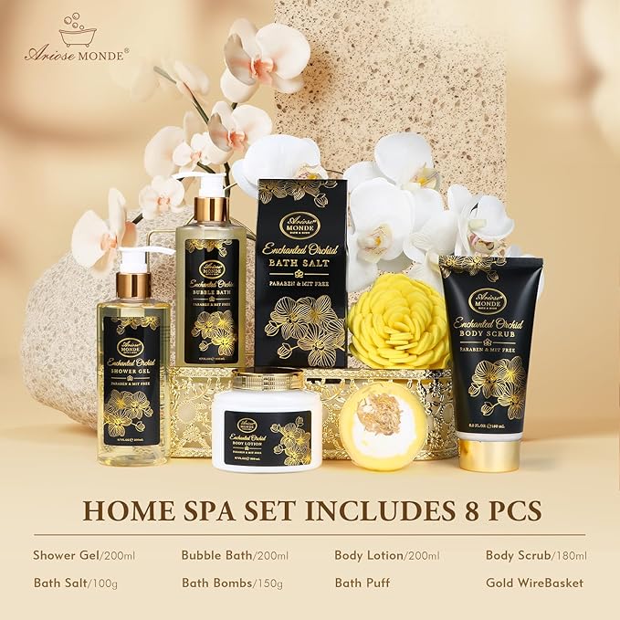 Spa Gift Baskets for Women, Gift Set for Mom Enchanted Orchid Scent, Home Spa Kit with Bubble Bath, Body Lotion, Bath Bomb, Bath Salt, Bath Gift Baskets, Birthday Gifts for Women