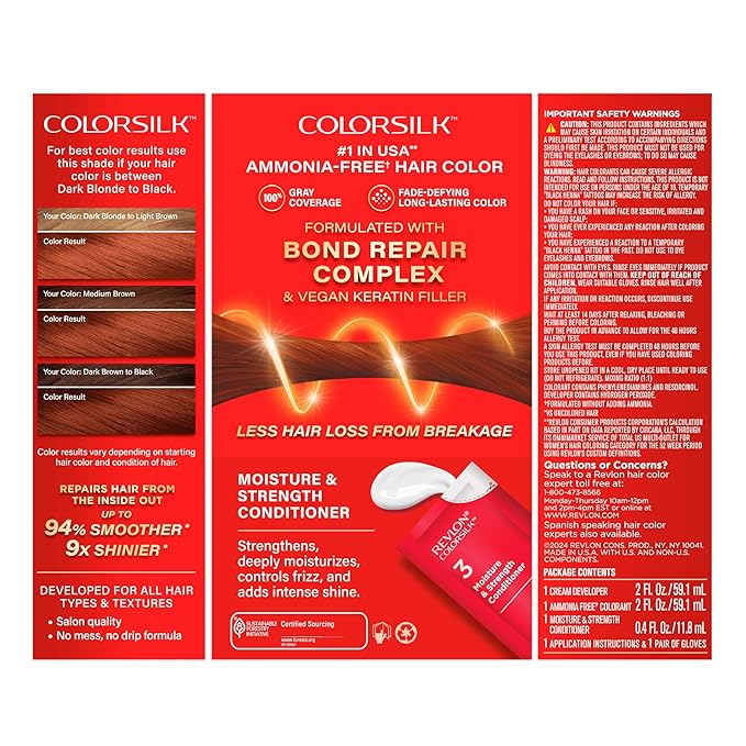 Revlon ColorSilk with Bond Repair Complex, Auburn Permanent Hair Color, 100% Gray Coverage, Ammonia Free Hair Dye, Vegan Keratin, 42 Medium Auburn (Pack of 3)