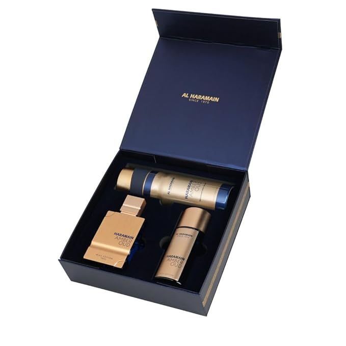 Al Haramain Amber Oud Bleu Edition 3 Pc Gift Set for Unisex - Luxury Cologne & Perfume for Men & Women - 2.5oz EDP Spray, 1oz EDP Spray, 6.6oz Body Spray - Arabian & Arabic Long Lasting Fragrance
