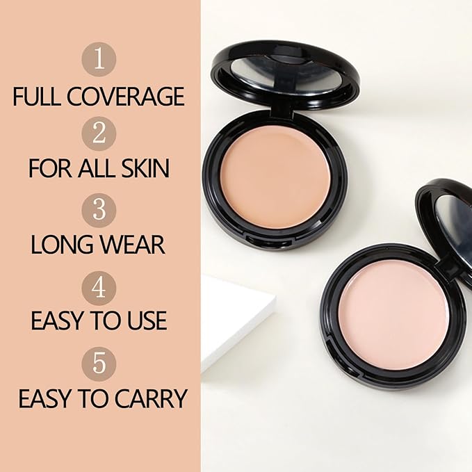 Powder Foundation,Long Wear Full Coverage Foundation with Sponge,Flawess Correcting Color