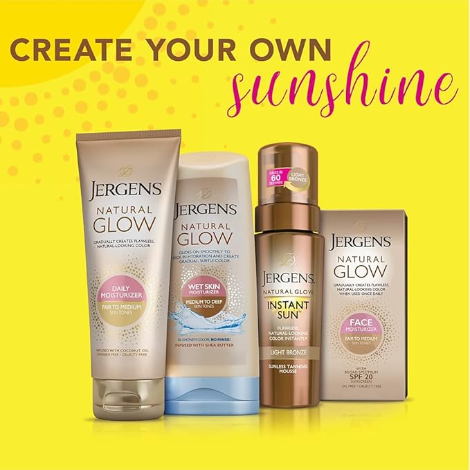 Jergens Natural Glow Instant Self Tanner Mousse, Sunless Tanning Light Bronze Tan, for a Natural-looking Tan, 6 Oz, Pack of 2