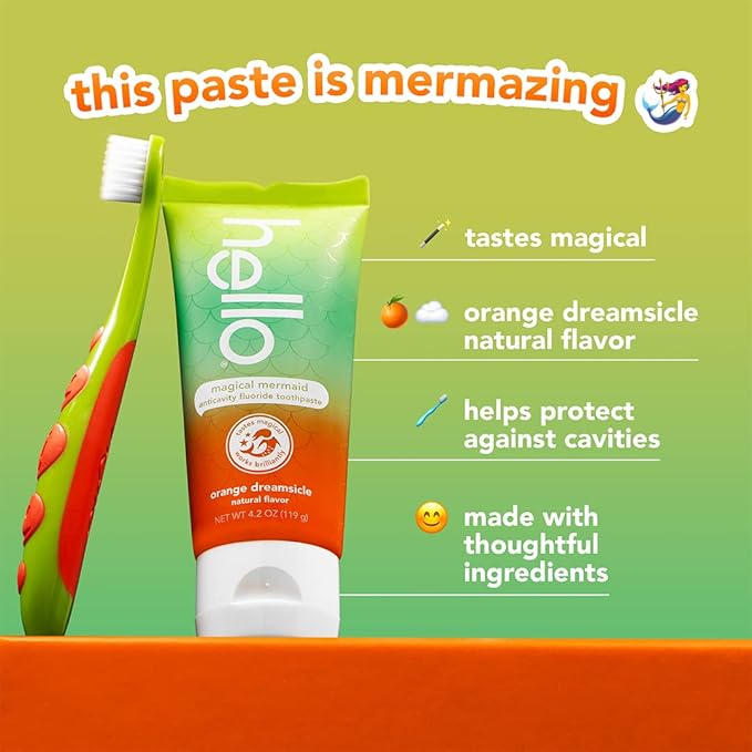 hello Magical Mermaid Kids Toothpaste with Fluoride, Orange Dreamsicle Flavor Toothpaste for Kids, Safe for Ages 2 and Up, Helps Prevent Cavities, Strengthen Enamel, Polish Teeth, 3 Pack, 4.2 Oz Each