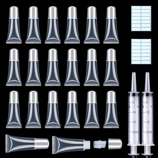 AMORIX 50PCS Lip Gloss Tubes 5ml Silver Cap Lip Gloss Containers Empty Lip Balm Tubes Refillable Cosmetic Squeeze Lipgloss Tubes + 2 x 20ml Syringes Tag Labels for DIY Lip Gloss Base Glitter
