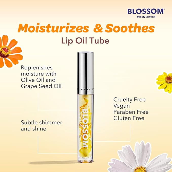 Blossom Moisturizing and Hydrating Shimmer Sparkle Lip Oil with Olive Oil + Grape Seed Oil, Infused with Real Flowers, 3g, Mango