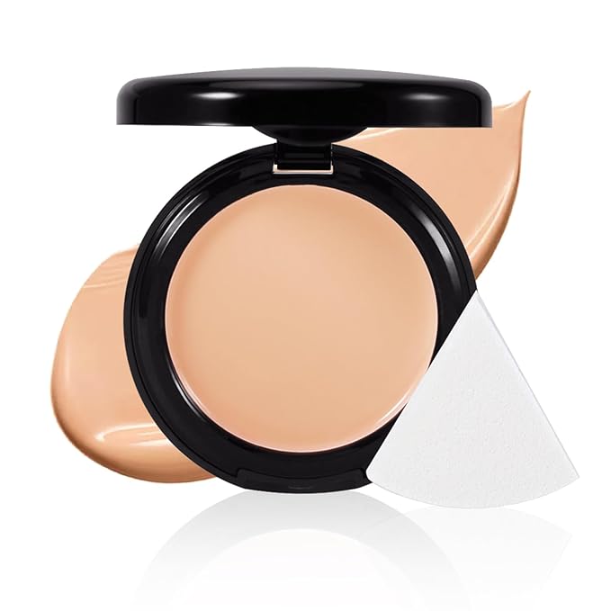 Powder Foundation,Long Wear Full Coverage Foundation with Sponge,Flawess Correcting Color