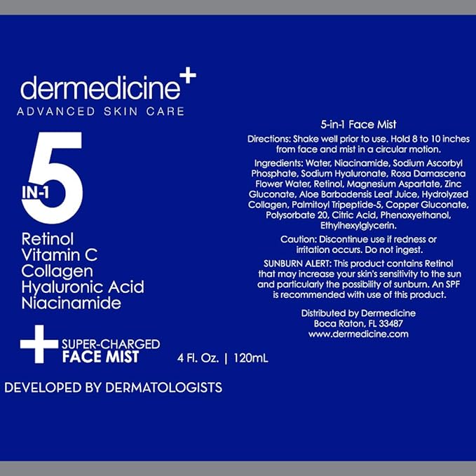 5 in 1 Super Charged Anti-Aging Face Mist w/Retinol, Vitamin C, Collagen, Hyaluronic Acid & Niacinamide | Hydrates, Refreshes & Brightens for a More Glowing Complexion | 4 fl oz, 120 ml