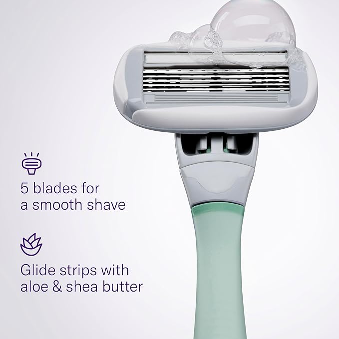 Flamingo Razors for Women Shave Set, 1 Women's Razor Handle (Sage), 2 Razor Five-Blade Refills, 1 oz. Foaming Shave Gel, and 1 Shower Holder