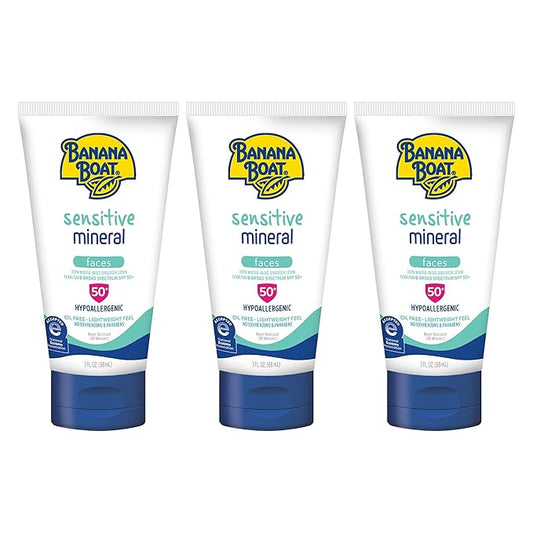 Banana Boat Sensitive 100% Mineral Face Sunscreen Lotion SPF 50, 3oz | Travel Size Sunscreen, Mini Sunscreen for Face, Banana Boat Face Sunscreen, Banana Boat Mineral Sunscreen SPF 50, 3oz