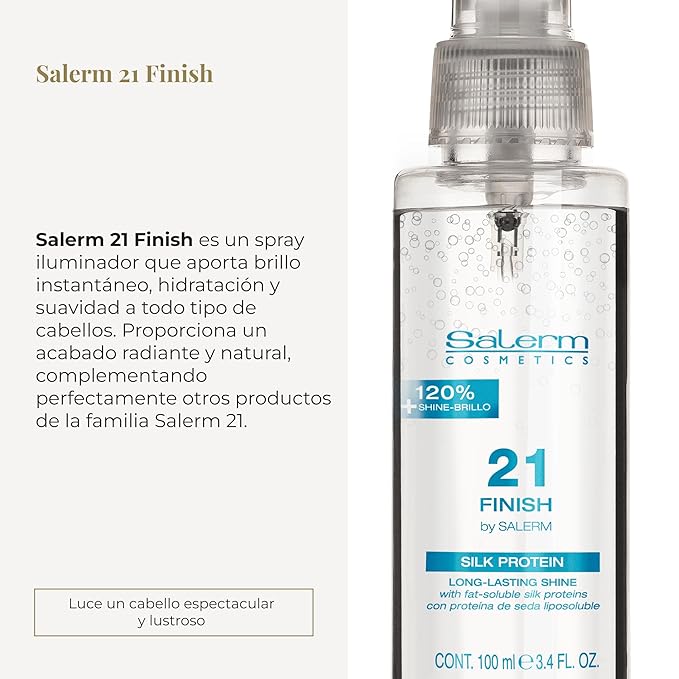 SALERM - Illuminating Hair Spray - Salerm 21 Finish - 100 ml - with Silk Proteins - Final Illuminating Touch - Hydrates and Adds Shine to Hair - Immediate Result - Heat Protector