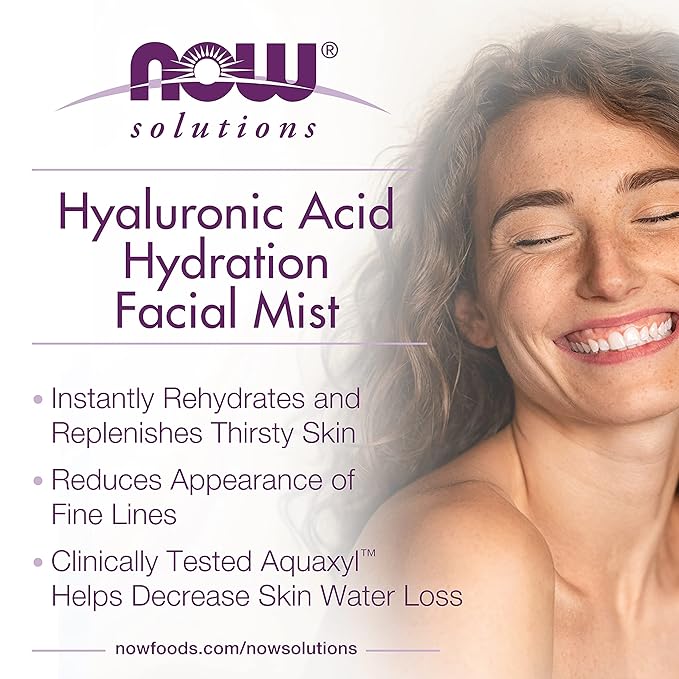 NOW Foods Solutions, Hyaluronic Acid Hydration Facial Mist with Aloe Vera and Cucumber Extracts, 4-Ounce