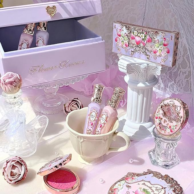 Flower Knows Violet Strawberry Rococo Makeup Box Set, 7 Pack Makeup Box with Mirror, Lip Gloss2, Blush2, Blush Brush1, Hair Clip1, Gift Box1